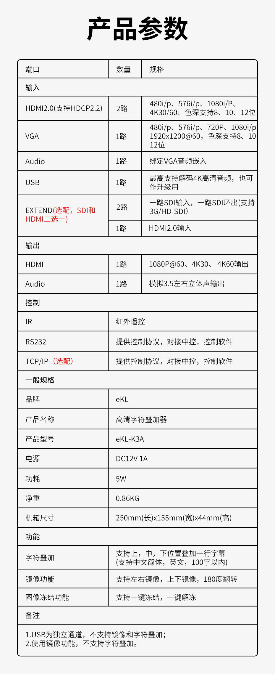 cq9电子平台网站HDMI高清字符叠加器K3A规格参数